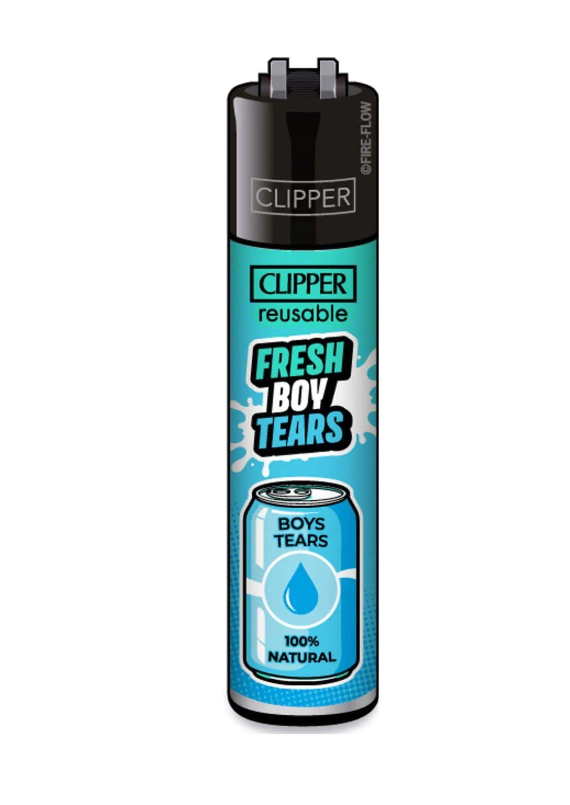 Teal und schwarze clipper nachfüllbare feuerzeug mit fresh boy tears design und cartoon-sodadose fresh boy tears